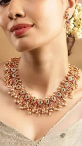 pearl drop ruby studded necklace set share on whatsapp